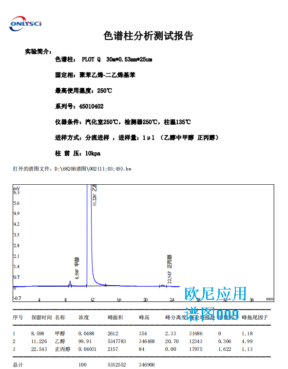 欧尼色谱图库009 PLOT Q 测乙醇中甲醇正丙醇.png